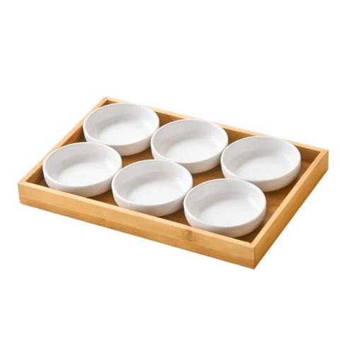 Nordic Compartment ceramic dish round dip bowl set with bamboo tray for sauce appetizer ramekins snack TC-044