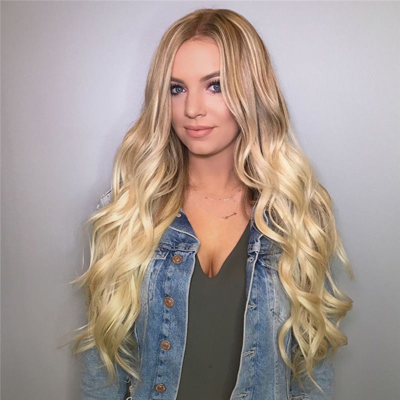 Wig European and American wig female golden middle-parted long curly hairstyle middle-parted big wave high-temperature wire headpiece