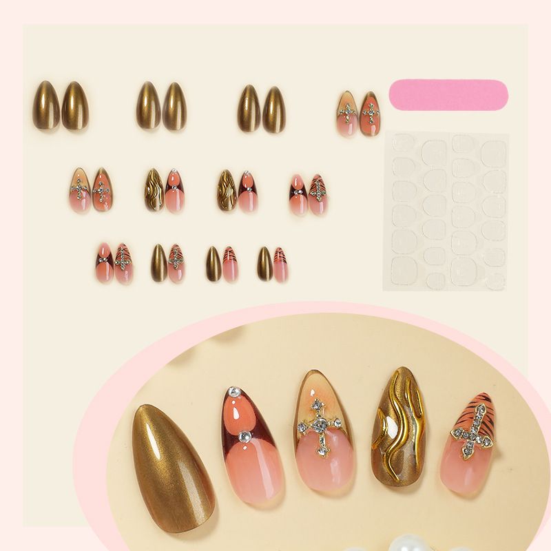 False nail diamond style 24-piece nail art patch, detachable nail cross false nail, three-dimensional leopard print wearable nail piece
