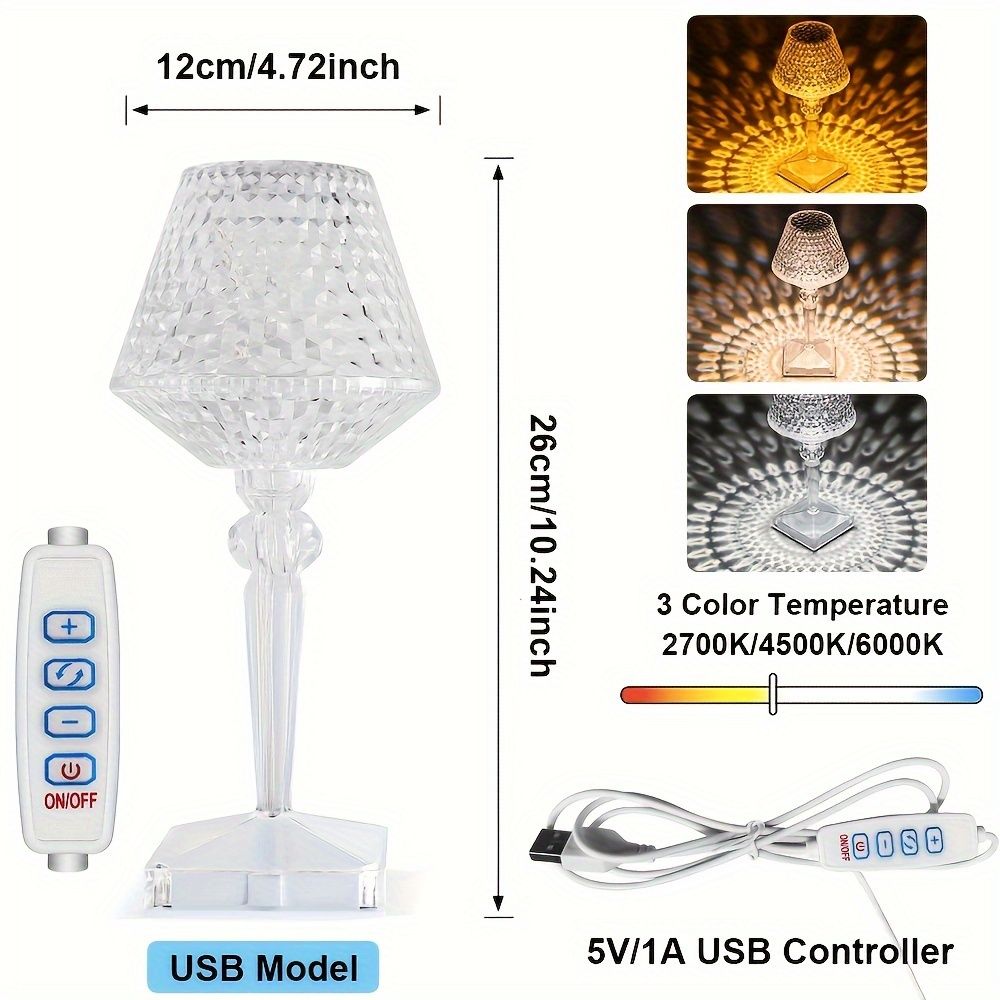 LED Wine Cup Shape Crystal Table Lamp 3 Light Color Dimmable LED Bedside Lamp Night Light USB Power For Bedroom Decor Desk Lamp