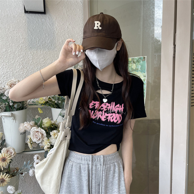 WYP-6791 Women's Fashion Loose Cutout Design Sense Printed Slim Slim Cropped T-shirt