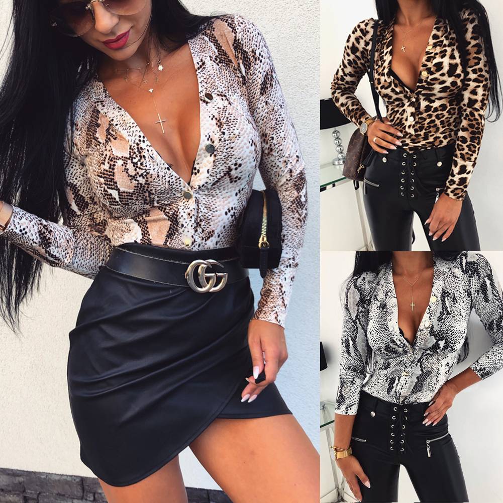 HXY5858 Fashion Women V Neck Leopard Bodysuit Long Sleeve Leotard Tops Spring Fall Retro Sexy Bodysuits Jumpsuit Shirts Body Femme