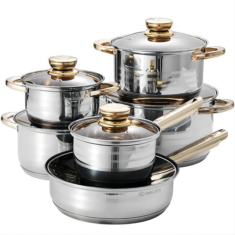 12PCS stainless steel pot set thick composite bottom golden non-stick cooking pot frying pan soup pot milk pot cookware set