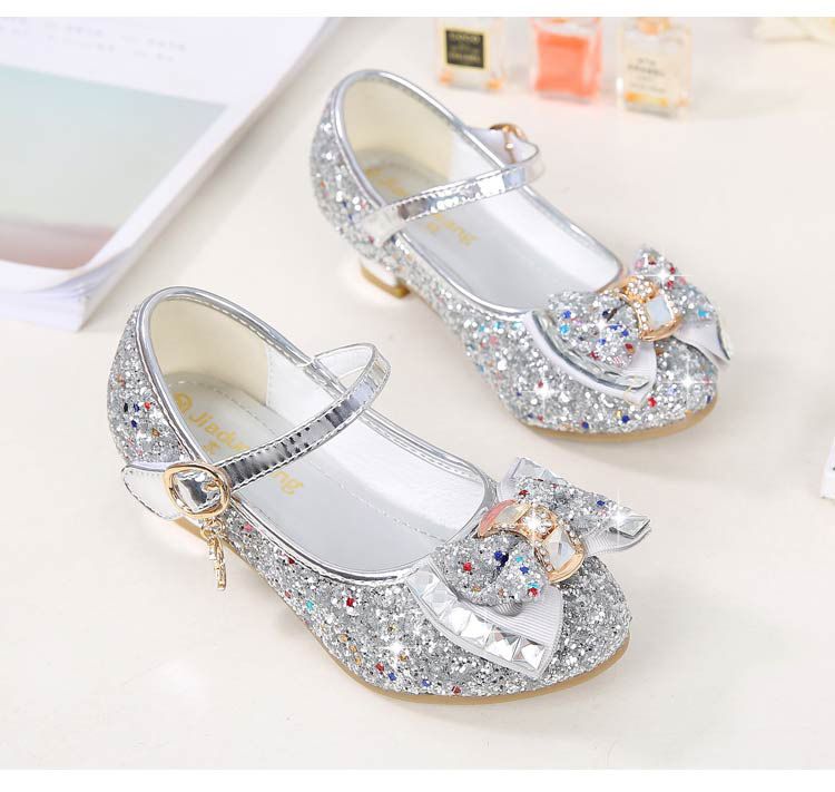 Dress Shoes Autumn New Girls' Small High-Heeled Leather Shoes Sparkling Shoe upper with Bow Decoration for Children's Dance Shoes
