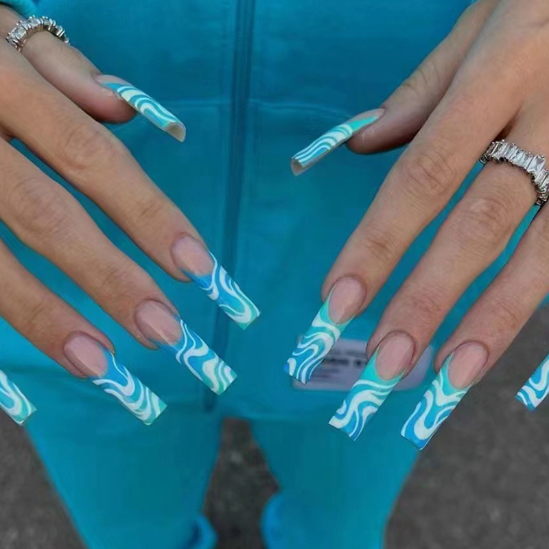 W132 24 Pcs Glossy Press on Nails, Super Long Coffin Wave Print Graffiti Fake Nails, Full Cover Artificial False Nails for Women and Girls