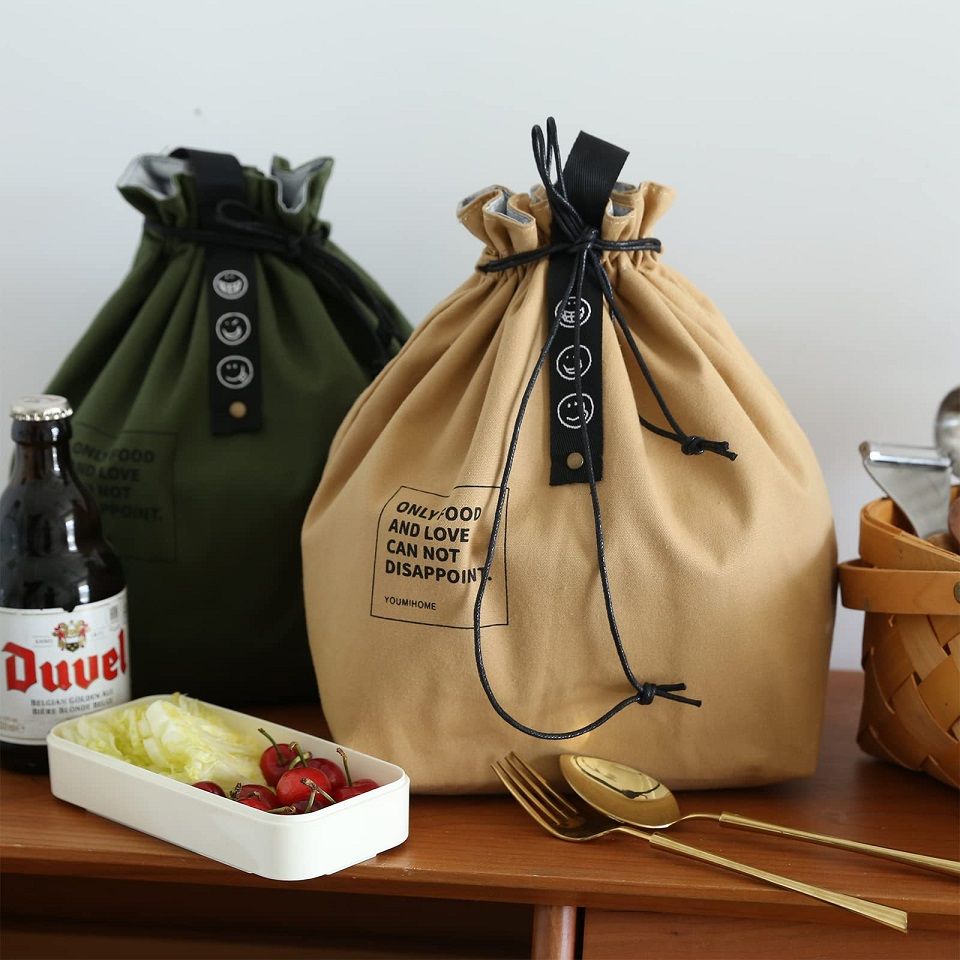 Double Layer Drawstring Lunch Bag with Handheld Handle, Large Capacity Portable Food Storage Cooler Tote, Reusable Fresh Keeping Bag for Daily Outdoor Travel Picnic
