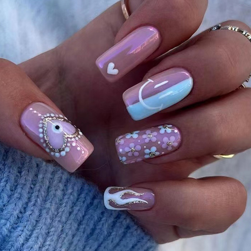 JP2486 Glossy Press on Nails, Medium Length White Flame Polka Dot Prints Fake Nails, Gold Glitter Love Heart Pink Blue Flowers Prints Full Cover Artificial False Nails for Women and Girls
