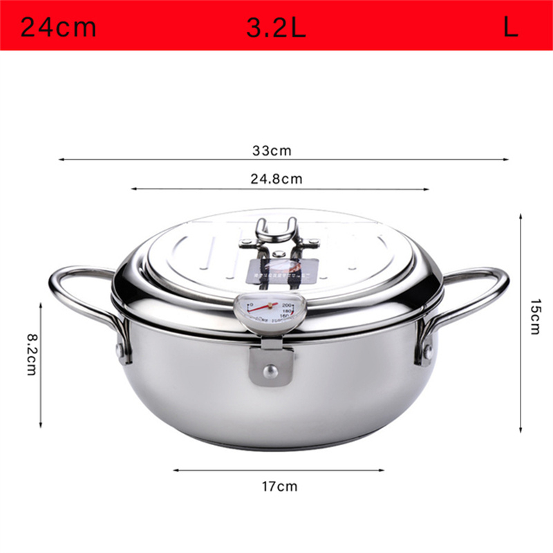Ultron Japanese Deep Fryer With Thermometer and Lid 304 Stainless Steel Kitchen Tempura Fryer Pan Fryer Without Oil Frying Pan Fryer24cm