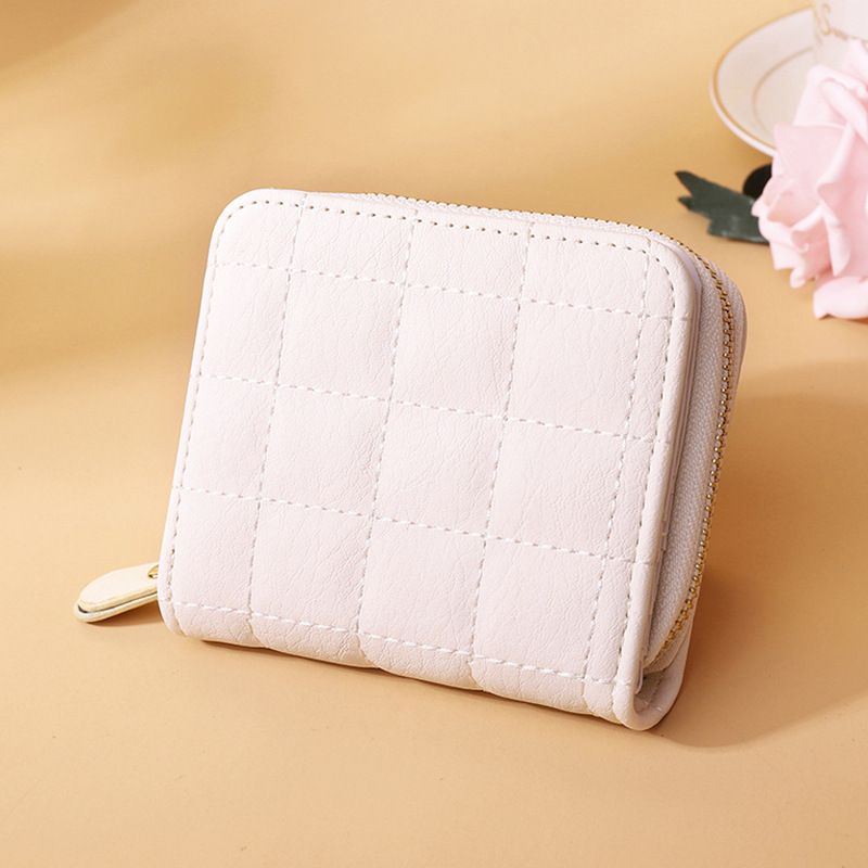 Women Short Wallets PU Leather Female Plaid Purses Nubuck Card Holder WalletWhite