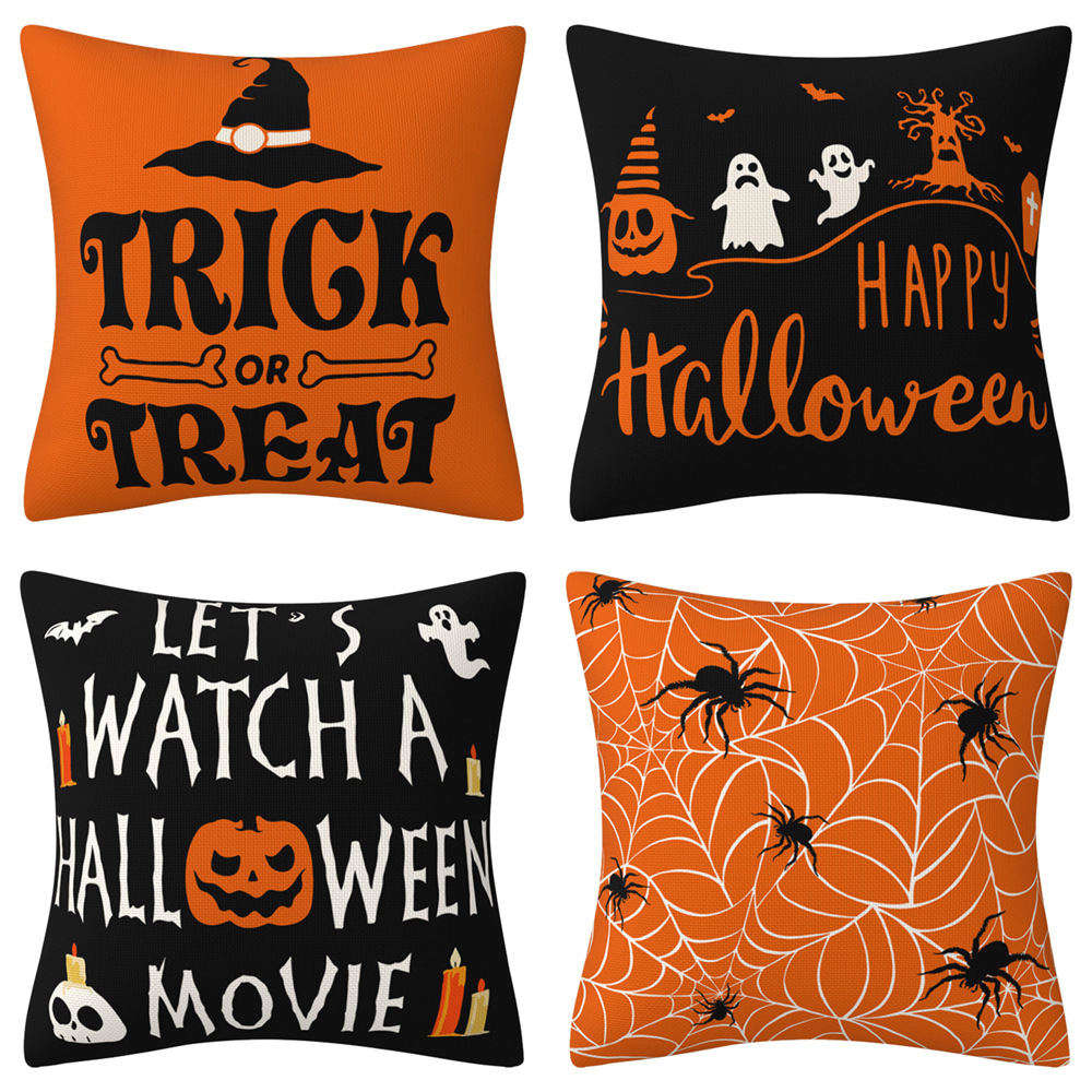 HBSSK-03 Orange and Black Halloween Pillow Covers, Throw Pillow Covers 45x45cm Halloween Home Decor Pillowcase Square Cushion Covers for Sofa Bed Couch