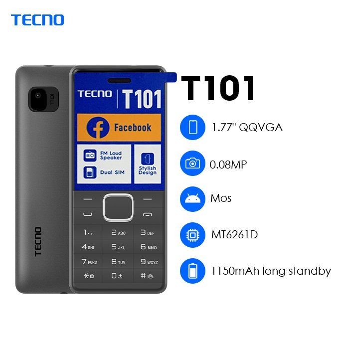 Tecno T101 1.8" Dual SIM -Wireless FM, 1.77" Screen Black Blue