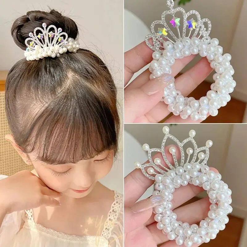 2pcs Fashion Pearl Crown Princess Hair Bands Elastic Rubber Bands Children Ball Hair Bun Ties Hair Styling Accessories
