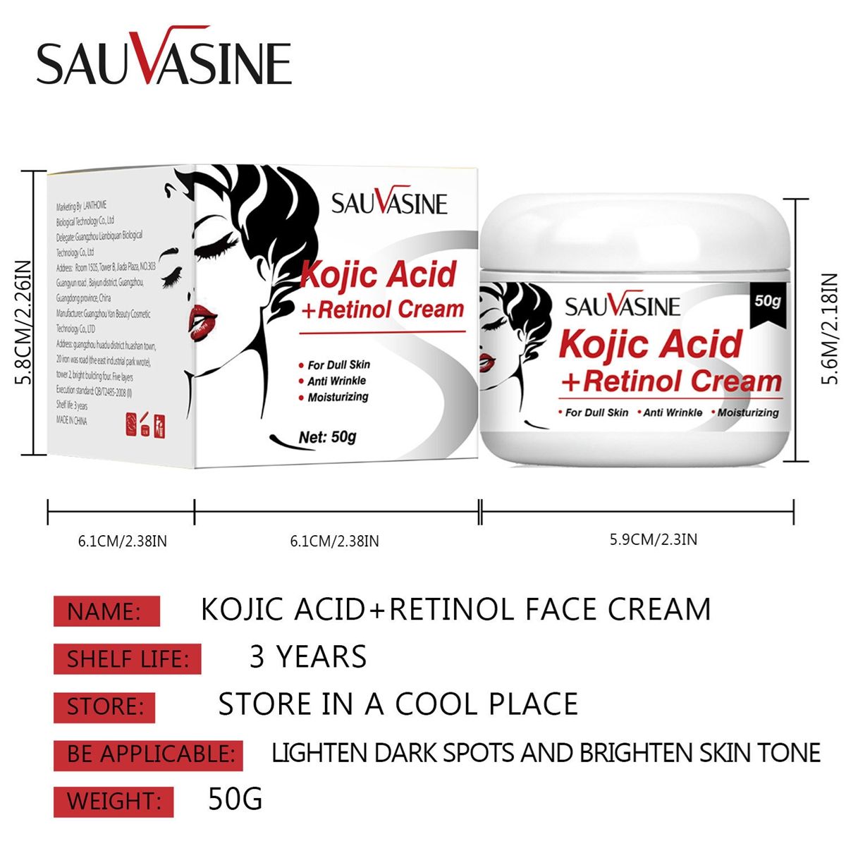 Sauvasine Kojic Acid + Retinol Cream - Anti-Wrinkle Moisturizer for Dull Skin"