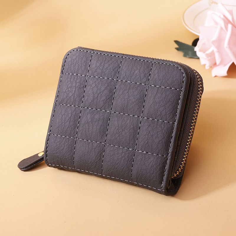 Women Short Wallets PU Leather Female Plaid Purses Nubuck Card Holder WalletGray