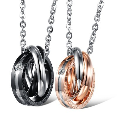 2-piece couple necklace with stainless steel heart-shaped matching interlocking ring pendant & chain