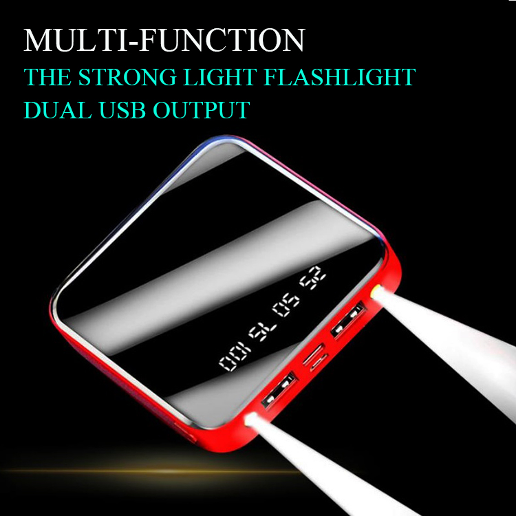 Multi Functional Portable Mobile Power Supply, Power Bank, High Speed Charging ( Square, full mirror screen, Flashlight + Dual USB, Integrated compression type high capacity battery pack) (Red / Blue)