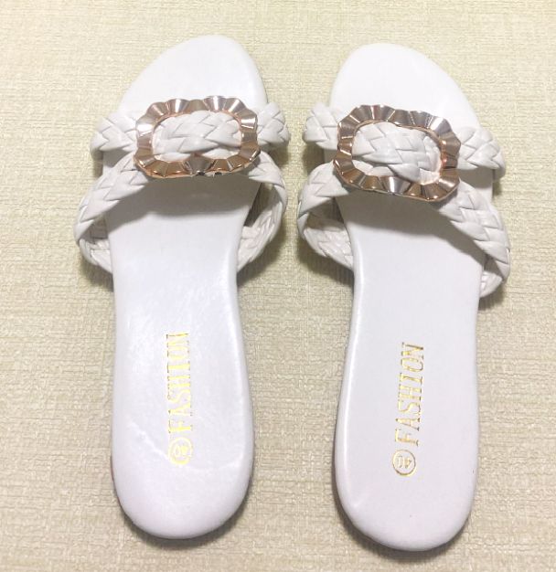 Women's Round Front Open Toe Slide Sandals Braided double with gold crown Strap Leather Heel Flat Shoes