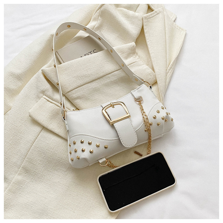 2024 New Rivet Fashion Chain Shoulder Bag Ladies Leisure Work Bag Monochrome Crossbody Bag