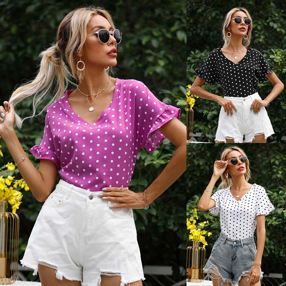 109352 Fashion Clothing Women'S Summer Blouses Shirts Elegant Deep V Neck Polka Dot Ruffle Chiffon Blouse