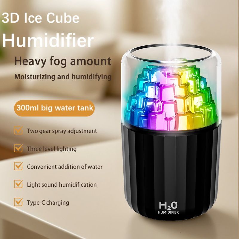 New Creative 3D Ice Mountain Humidifier with 7 Color Ambient Lights, Portable Mini Desktop Ice Cube Aroma Diffuser, Quiet Small Mist Humidifier for Home Bedroom Office Decor