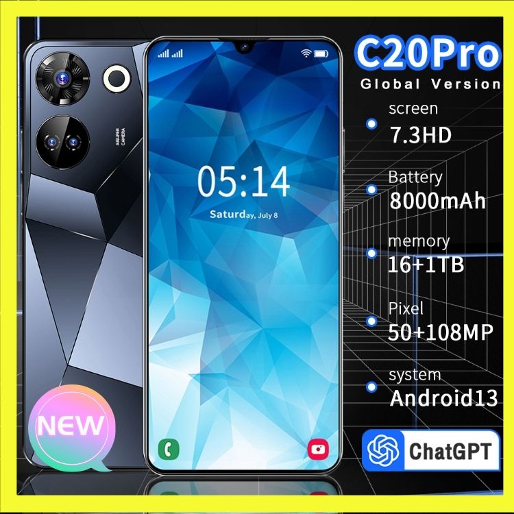 New smart phone C20 Pro 5G 7.3 inch high definition full screen smartphone 16GB +1TB Android large screen 8000mAh GPS navigation chat GPT face unlock android 13 front 50MP back 108MP double sims + SD card CRRSHOP high-quality mobile phone 