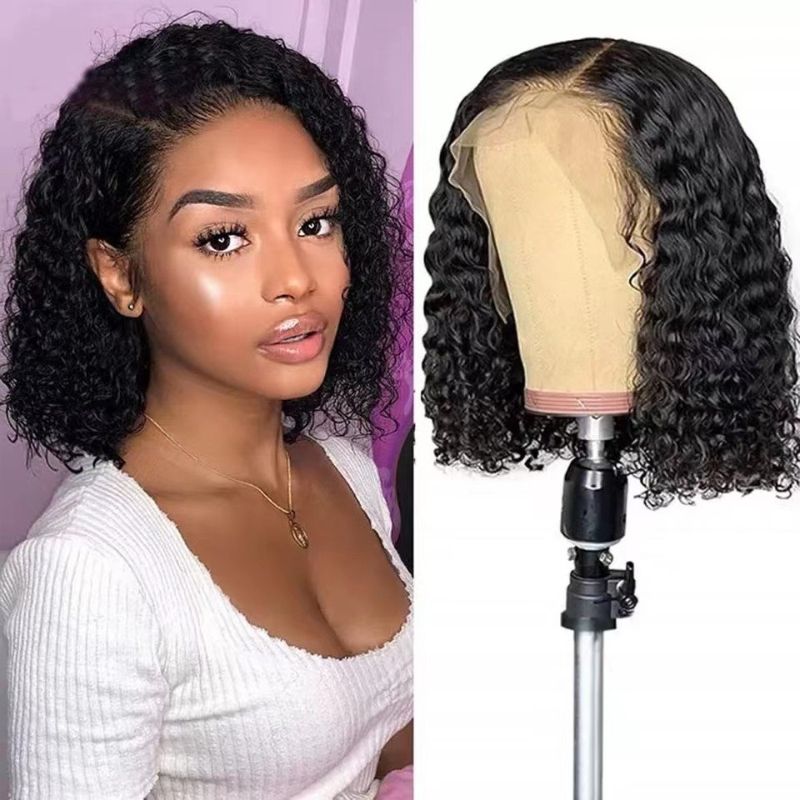 Wig European and American ladies front lace synthetic wig black middle-parted short curly hair hand-wrapped small curls