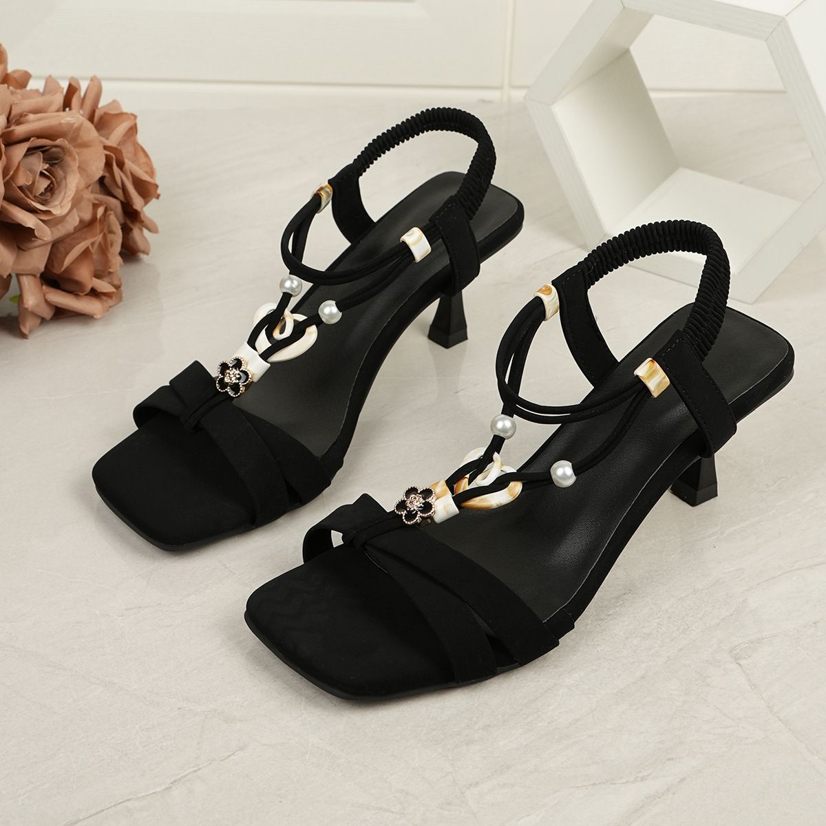 2025 new summer boho casual sandals women's square head open toe elastic beaded Roman sandals