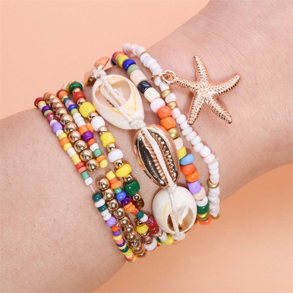 7Pcs Stackable Bohemian Beaded Bracelet Set, Handmade Colorful Rice Bead Wrist Jewelry With Natural Seashell & Golden Starfish Charms, Multiple Layer Beach Fashion Accessory, Adjustable Extension Chain Design, Casual Daily Wear Stylish Women Bangle, Versatile Summer Ornament With Multiple Style Options, Fine Handcrafted Daily Stacking Wrist Chain