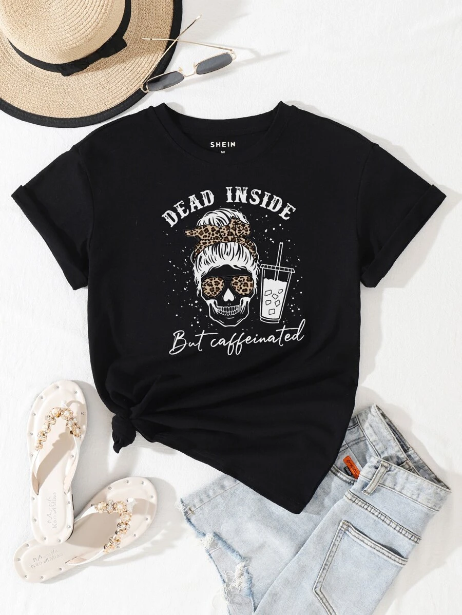 DX0107# Women Skull & Slogan Print Round Neck Tee T-Shirt
