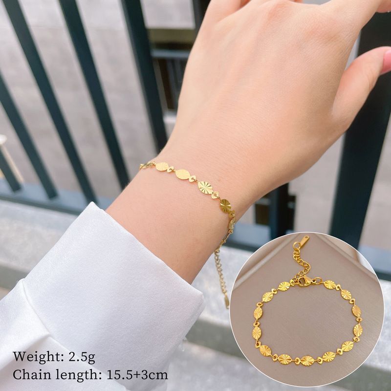 Ins Vintage Oval Shiny Disc Titanium Steel Bracelet, Adjustable Cut Flat Sequin Link Chain, Waterproof Anti-Tarnish Stainless Steel Wrist Jewelry, Trendy Daily Accessory Friendship Gift for Women

