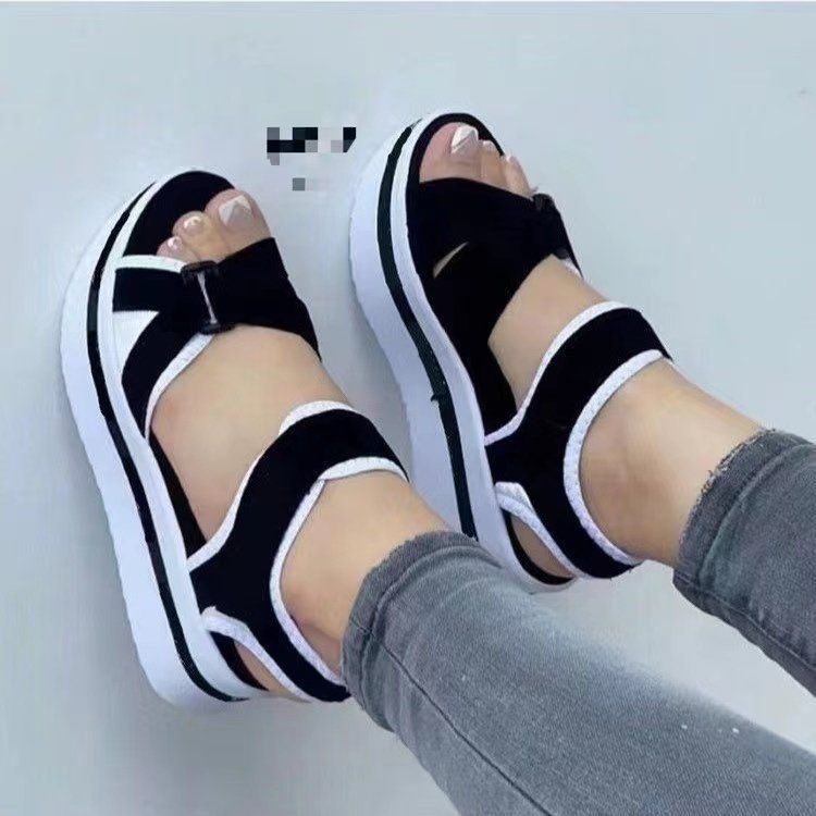 2025 Women's Plus Size Platform Sandals Round Toe Cross-Strap Velcro Sandals欧美厚底沙滩鞋 Wide Width Beach Footwear