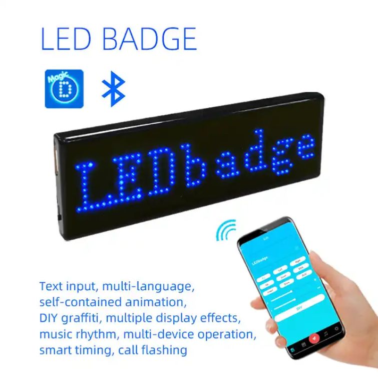 Bluetooth Rechargeable LED Name Badge DIY Programmable Scrolling Message Board Mini LED Display HD Text Digits Pattern Display - Built-in Magnet and Pin