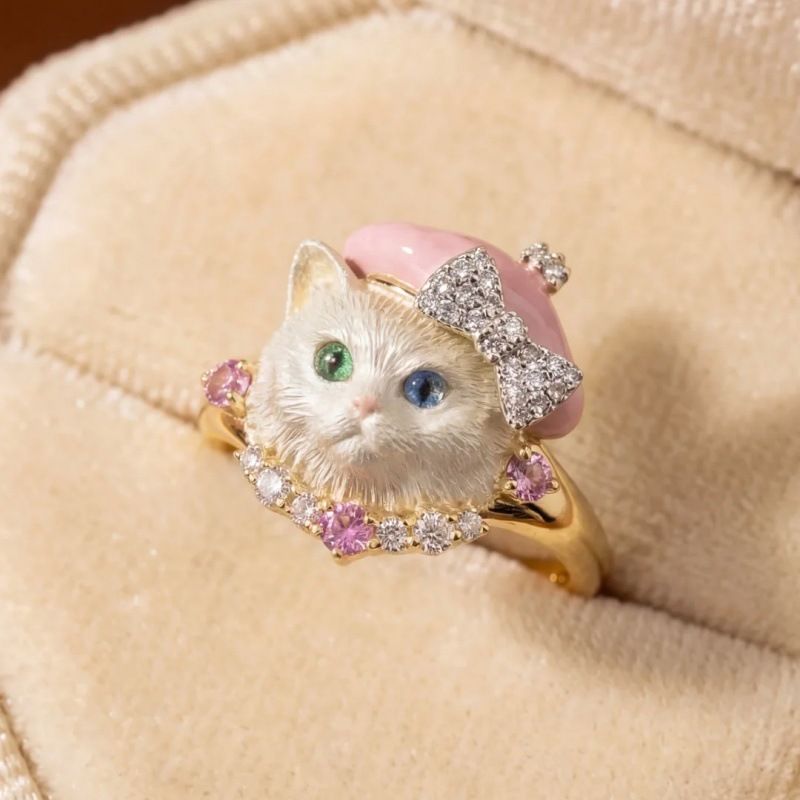 Adjustable Open Cute Cat Ring with Enamel Beret & Crystal Bow, Delicate Brushed Finish Pet Statement Ring, Sweet Gift for Girlfriends & Best Friends