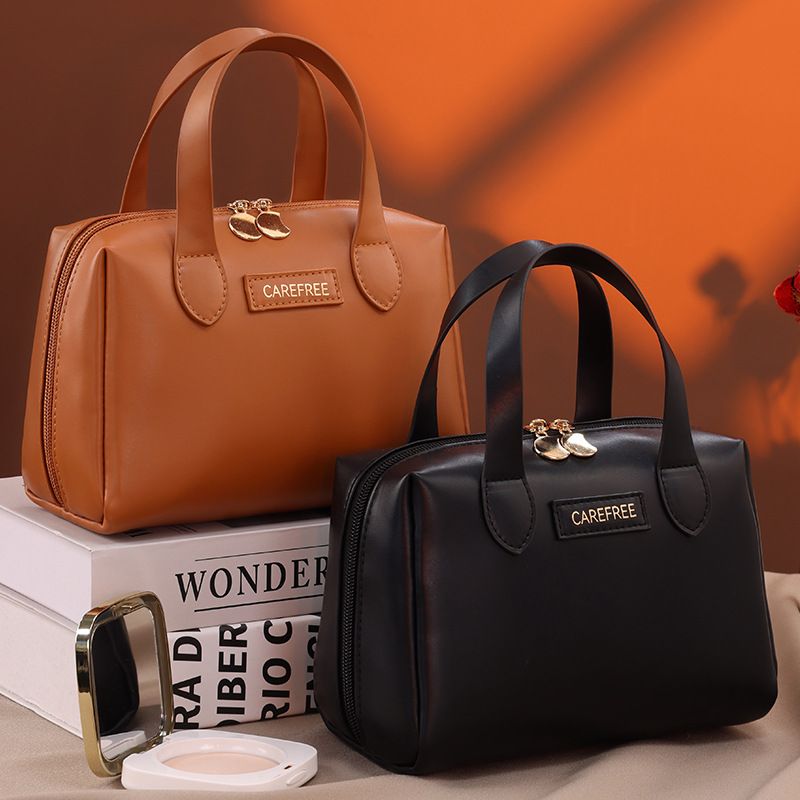 Handheld Cosmetic Bag, Portable Large Capacity Travel Makeup Organizer, Fashion PU Leather Toiletry Storage Bag for Outdoor Business Trip
