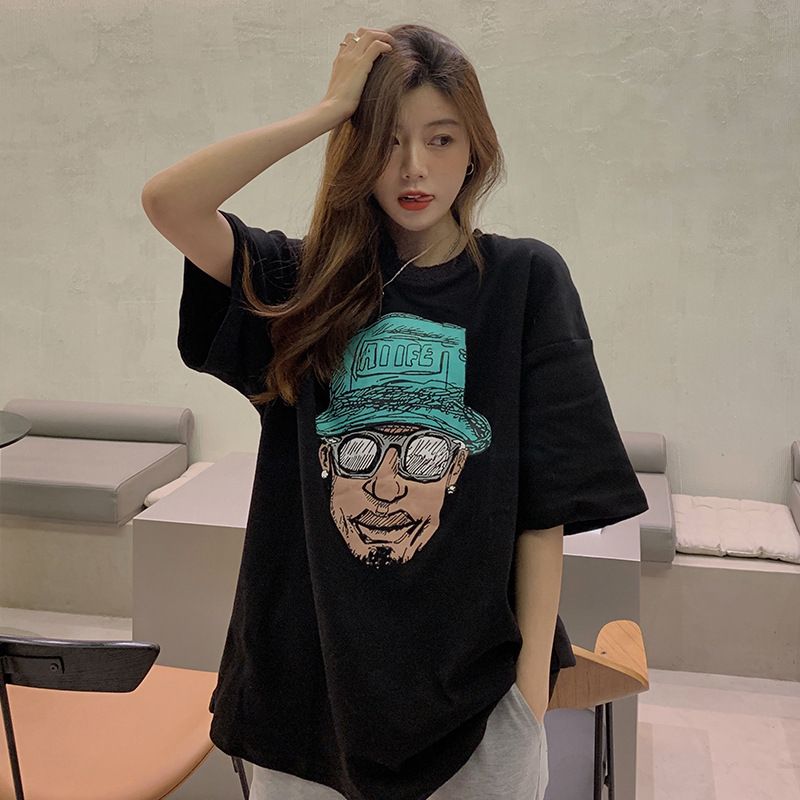 6069# Women's Summer Retro Printed Short Sleeved T-Shirt Loose Round Neck Top
