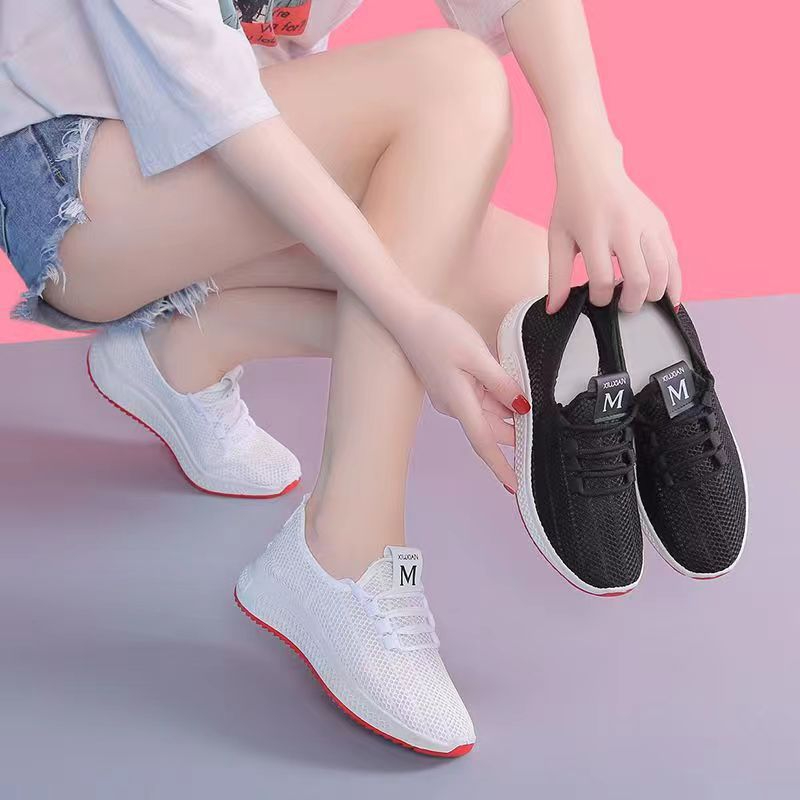Women Lace-Up Canvas Casual Flat Shoes Fly Knit Mesh Sports Shoes