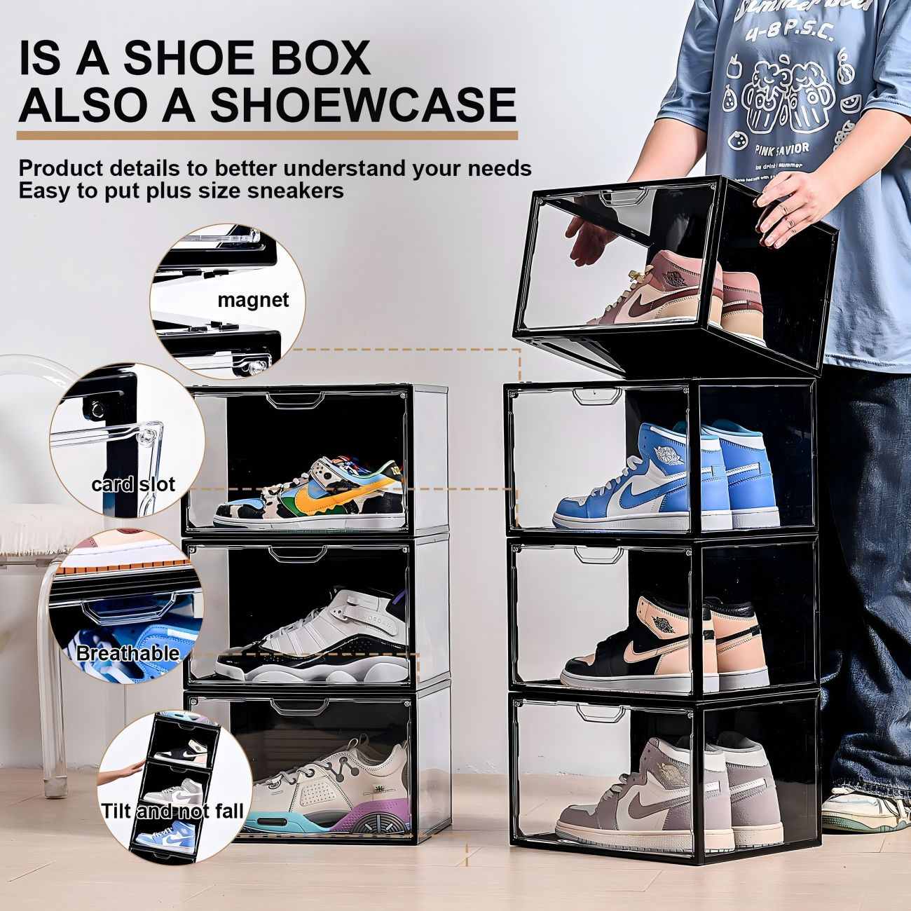 Upgrade Sturdy Durable Shoe Organizer, 6 Pack Plastic Shoe Storage Boxes with Magnetic Door, Clear Shoe Boxes Stackable for Home