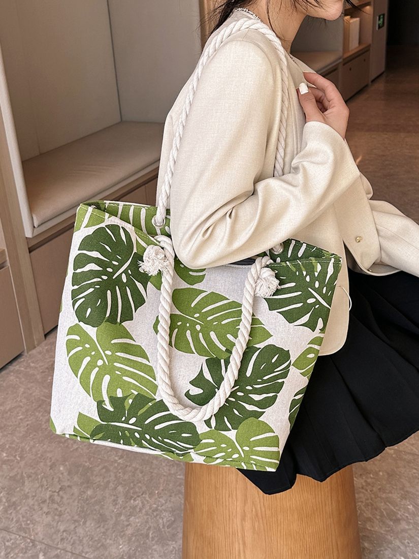 Canvas creative printing one-shoulder large bag thick rope double-sided fashion women's bag leisure large capacity one-shoulder handbag beach bag trendy shopping handbag