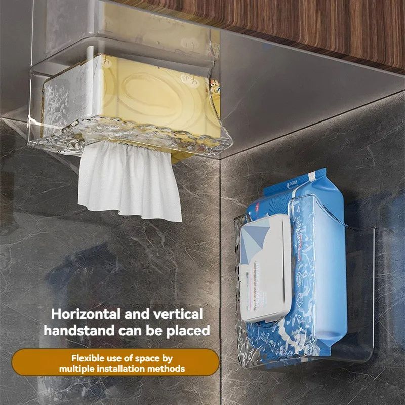 5471 Wall Mounted Tissue Box Upside Down Punch Free Napkin Container Self-adhesive Space-saving Paper Towel Holder Bathroom Office