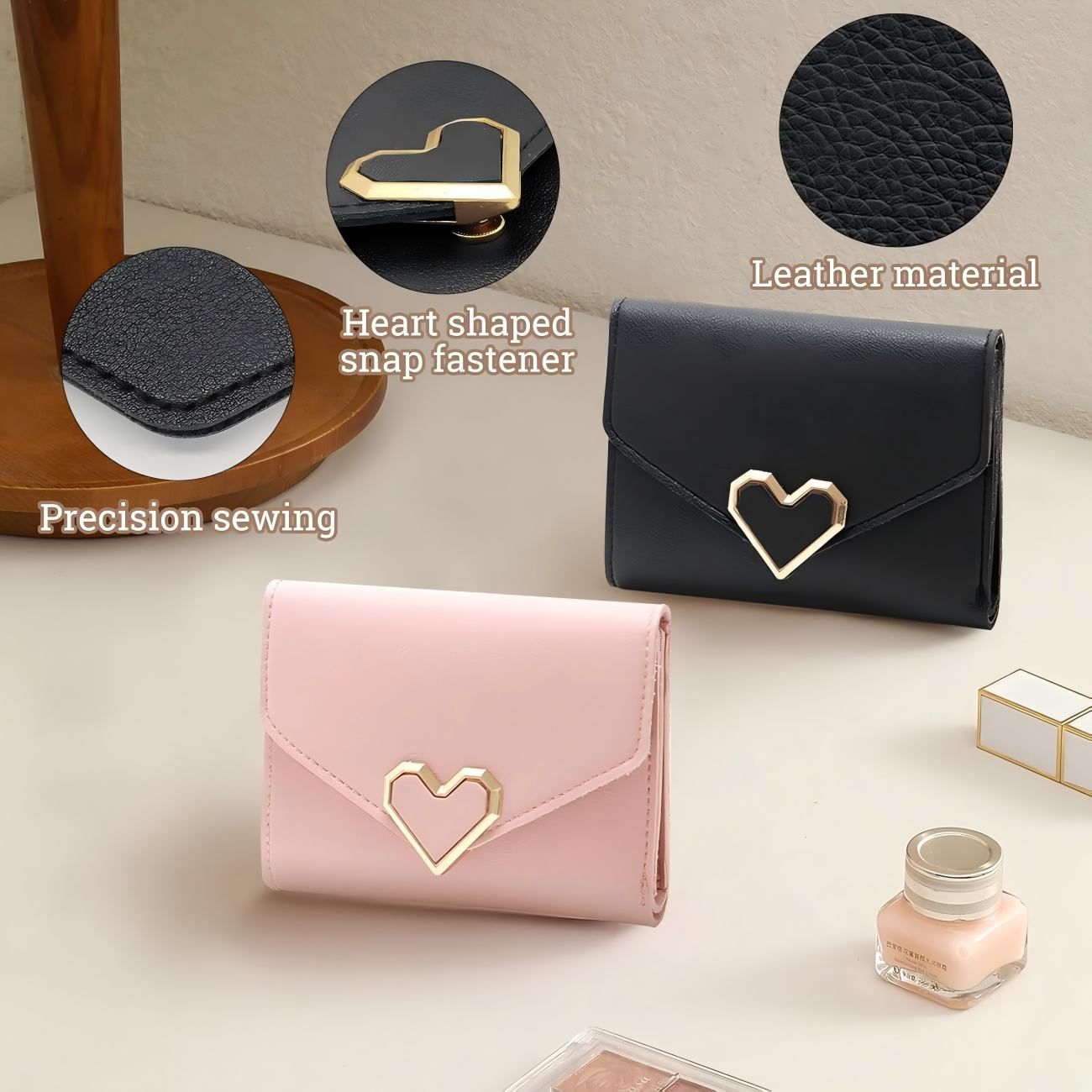 Sleek Women's PU Leather Wallet with Heart Hardware Compact Card Holder & ID Window Purse (Multi-Colour Choices) Essential Mini Purse