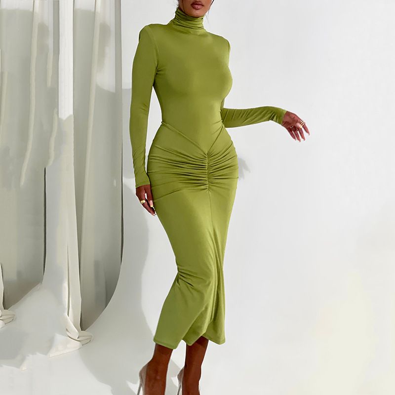 FDC0434 Women's Autumn and Winter New Sexy Tight Long Dress Half-High Neck Long-Sleeved Dress