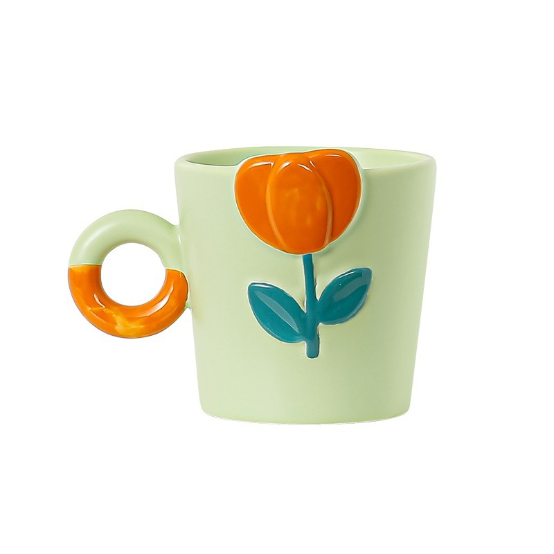 YH2022-BT6 3D Hand Painted Ceramic Coffee Mugs Tulip Handgrip Milk Breakfast Afternoon Tea Cup Office Mug Home Drinkware
