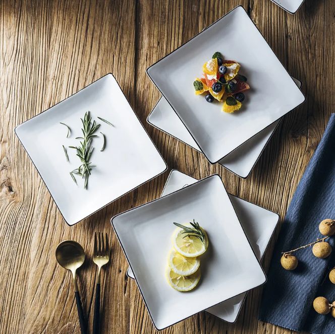 Durable Ceramic Material Luxury Dish Pasta Plate White Porcelain Square Plates And Bowl With Black Rim T-14