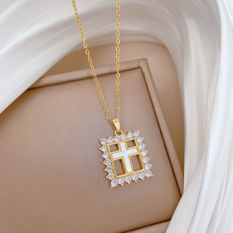 Women Titanium Steel Square Hollow Cross Pendant Clavicle Necklace, Shell Inlaid With Surrounding Micro‑Paved Zircon Charm Necklace, Elegant Light‑Luxury Fashion Neck Jewelry, Adjustable 40+5cm Chain, Versatile Daily Party Dating Accessory Gift for Ladies