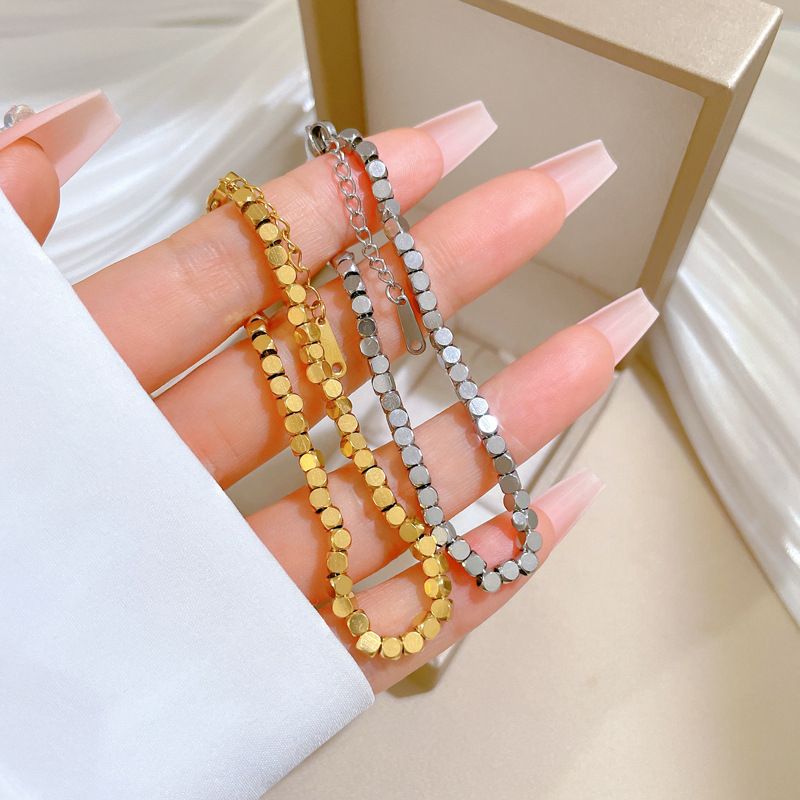 Gold & Silver Plated Whole Titanium Steel 3mm Small Cube Box Link Chain Bracelet For Women, Minimalist Cold Tone Dainty Adjustable Extension Wrist Chain, Ins Viral Vintage Daily Dating Best Friend Matching Fashion Hand Jewelry, Anti-Tarnish Waterproof Sweat Resistant Skin Friendly
