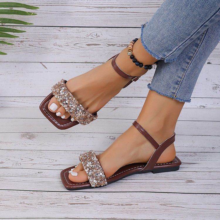 One line buckle sandals women 2024 new large size flat square head sequined sandals open toe Roman sandals