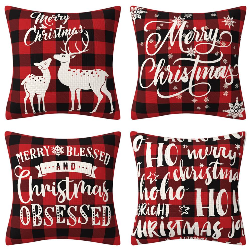 LLKI-05 Merry Christmas Pillow Covers 45 x 45 cm, Snowflake Plaid Elk Deer Throw Pillowcases Decorative Cushion Cases for Home Sofa Decoration