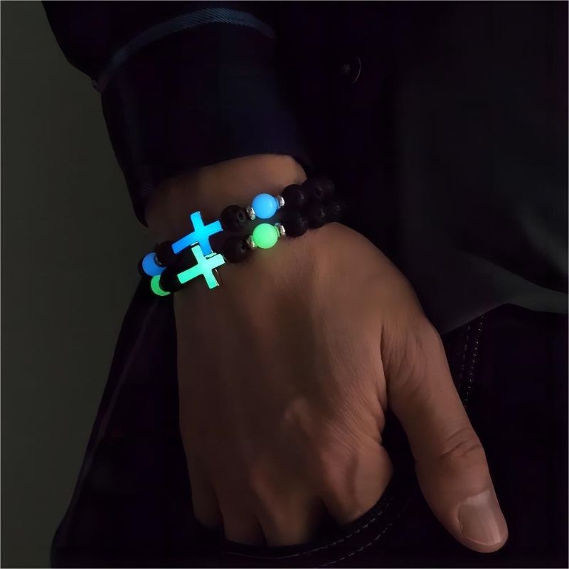 Volcanic Stone Luminous Retro Bracelet CRRSHOP Multi Color Luminous Cross Bead Bracelet Handmade， Luminous Cross Bracelet free shipping
