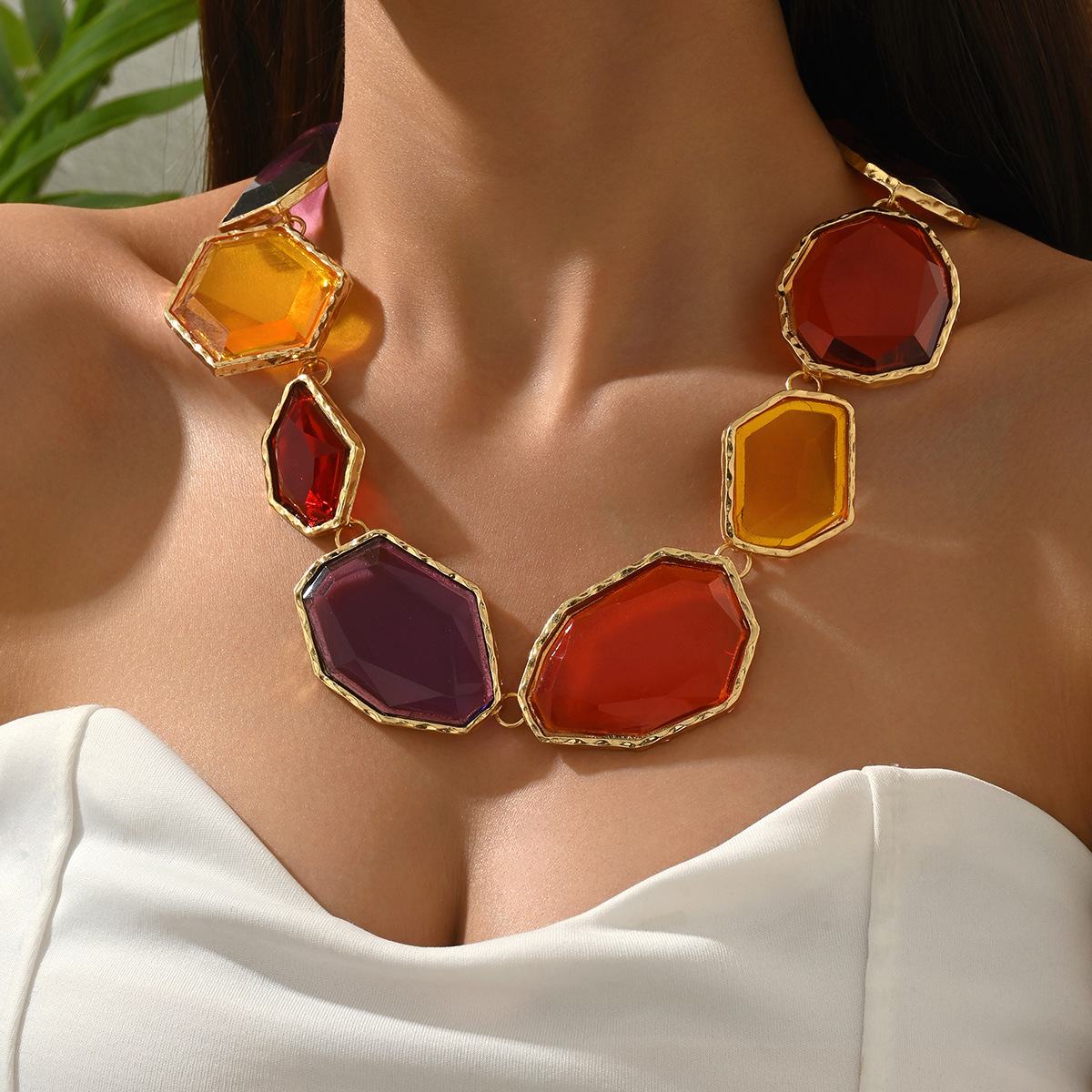 Bold Statement Necklace with Multi-Color Geometric Resin Beads, Gold Tone Frame, Adjustable 50+7.5cm Choker, Vibrant Chunky Collar for Women
