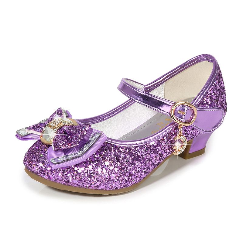 Dress Shoes Autumn New Girls' Small High-Heeled Leather Shoes Sparkling Shoe upper with Bow Decoration for Children's Dance ShoesPurple
